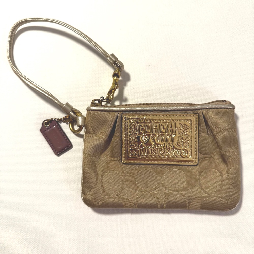 Coach Poppy Gold Metallic Signature Wristlet‎ Mini Pouch Blue Lining 4"x6"